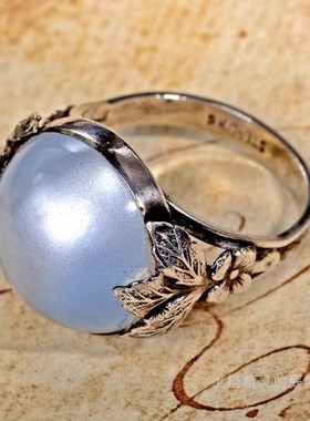 庭院雾面老琉璃纯银古董戒指