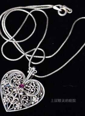 SOLD 庭院西洋古董VTG首饰 FM签署红宝石爱心藤蔓花卉吊坠∮项链