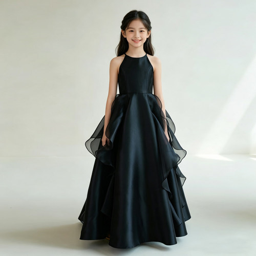 女童晚礼服模特走秀钢琴小提琴生日合唱黑色朗诵表演服洋气公主裙
