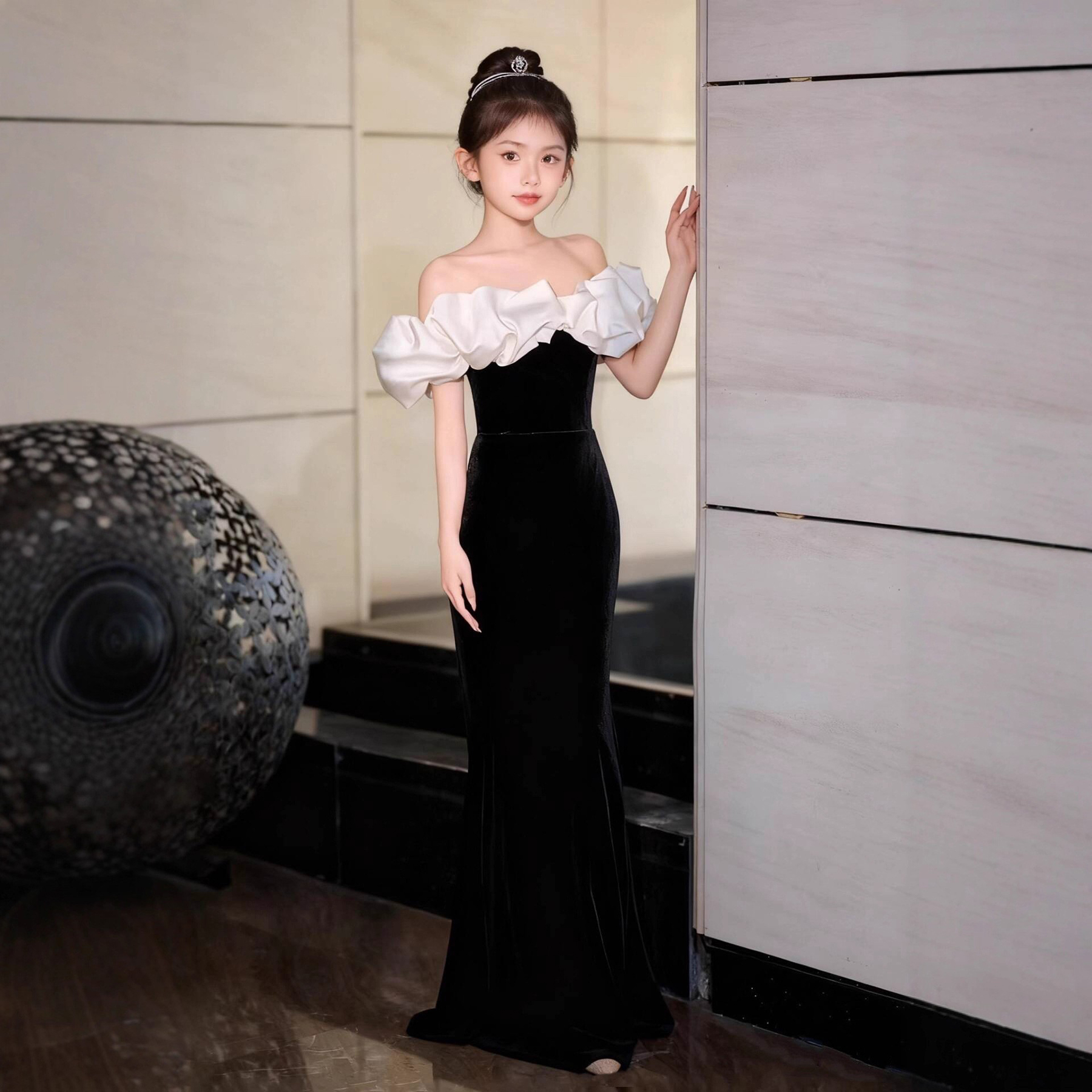 女童鱼尾晚礼服模特走秀钢琴小提琴生日赫本修身表演服丝绒演出服