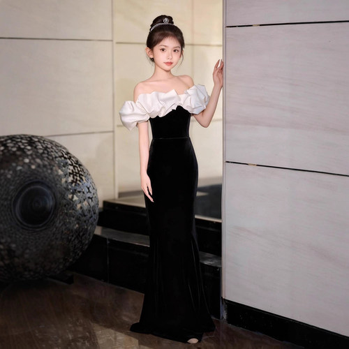 女童鱼尾晚礼服模特走秀钢琴小提琴生日赫本修身表演服丝绒演出服