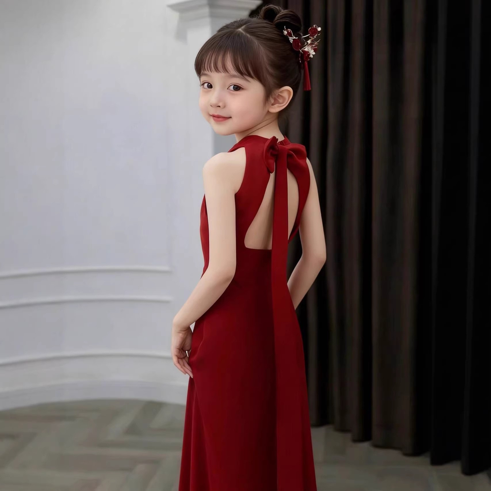 女童晚礼服模特走秀生日派对法式显瘦气质表演服洋气公主裙修身红
