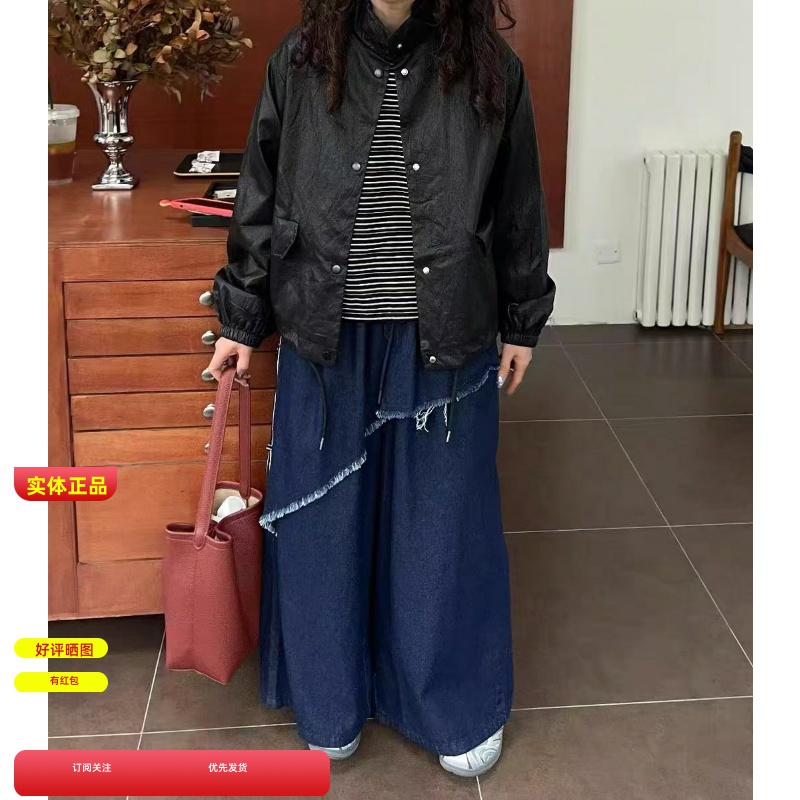 WE家45277秋装韩版宽松百搭慵懒风抽绳长袖机车立领PU皮衣外套女