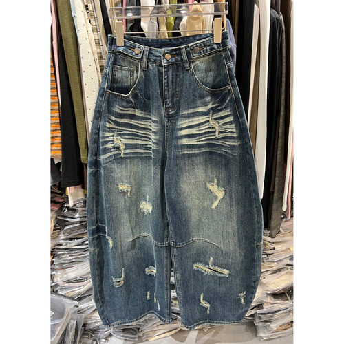 Noone jeans6680秋装美式破洞阔腿牛仔裤复古做旧直筒弯刀长裤女