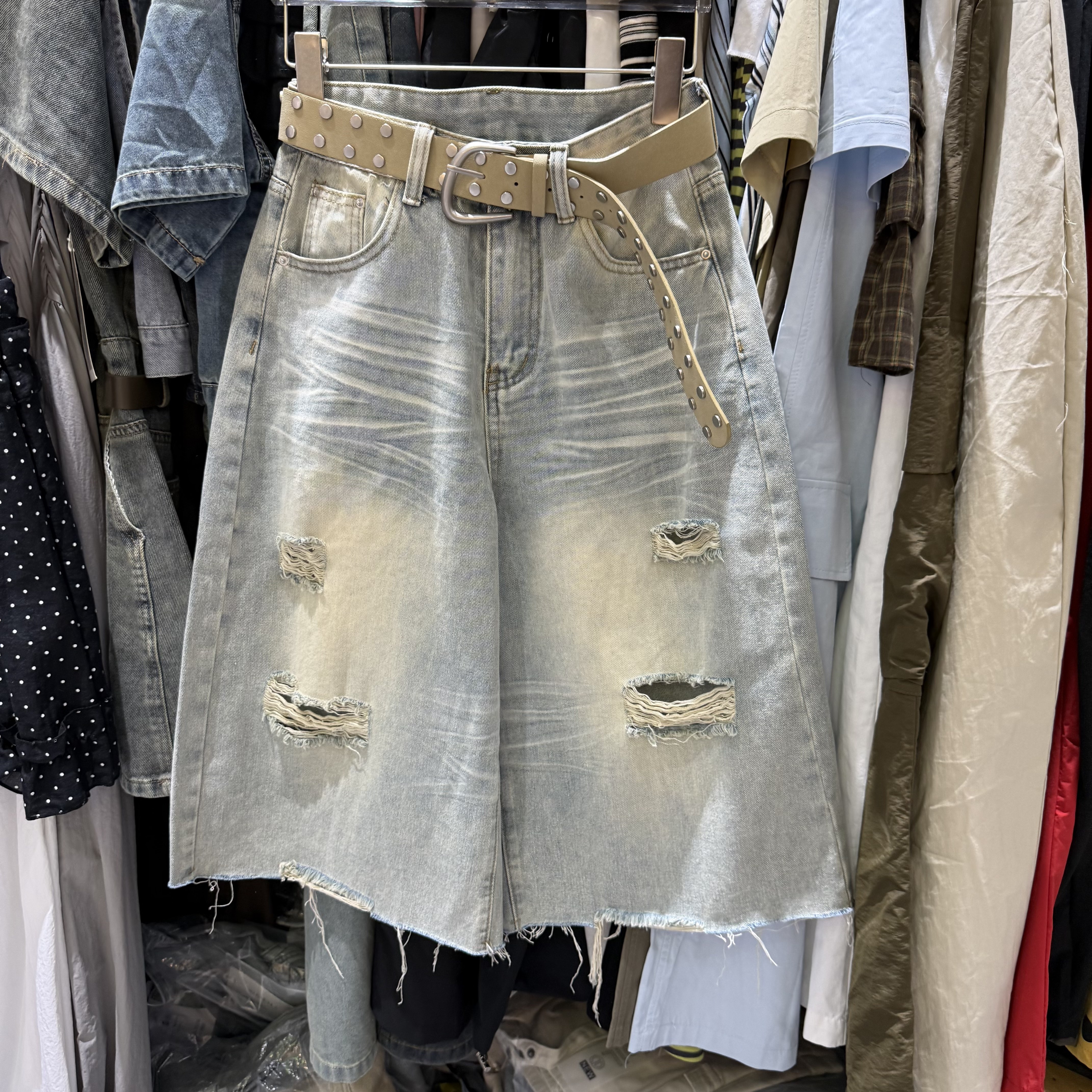 Noone jeans6662夏装美式破洞阔腿牛仔裤复古做旧直筒七分中裤女
