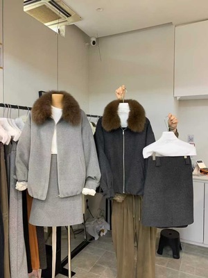 韩国eregg冬装狐狸毛领白鸭绒内胆毛呢短外套+半身裙两件套装羽绒