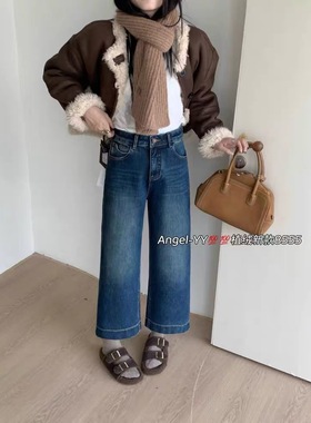 Angel YY8555冬款韩版植绒高腰四面弹阔腿直筒九分牛仔裤奶奶裤女