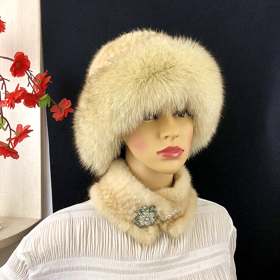 水貂皮草帽子冬季中老年人圆顶帽加厚保暖皮草围巾护耳妈妈裘皮帽