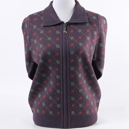 中老年女装翻领拉链开衫毛衣外套