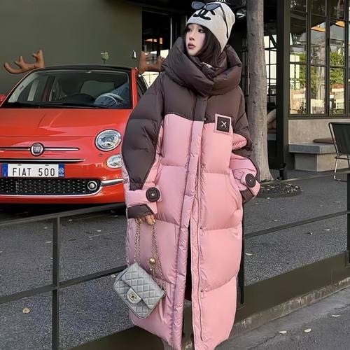 2024撞色拼接棉服女长款