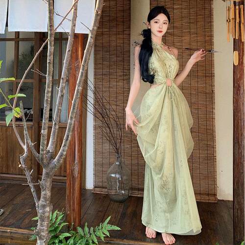 [WALKINDARK]竹叶青·清冷新中式网纱竹子晕染镂空挂脖连衣裙夏女