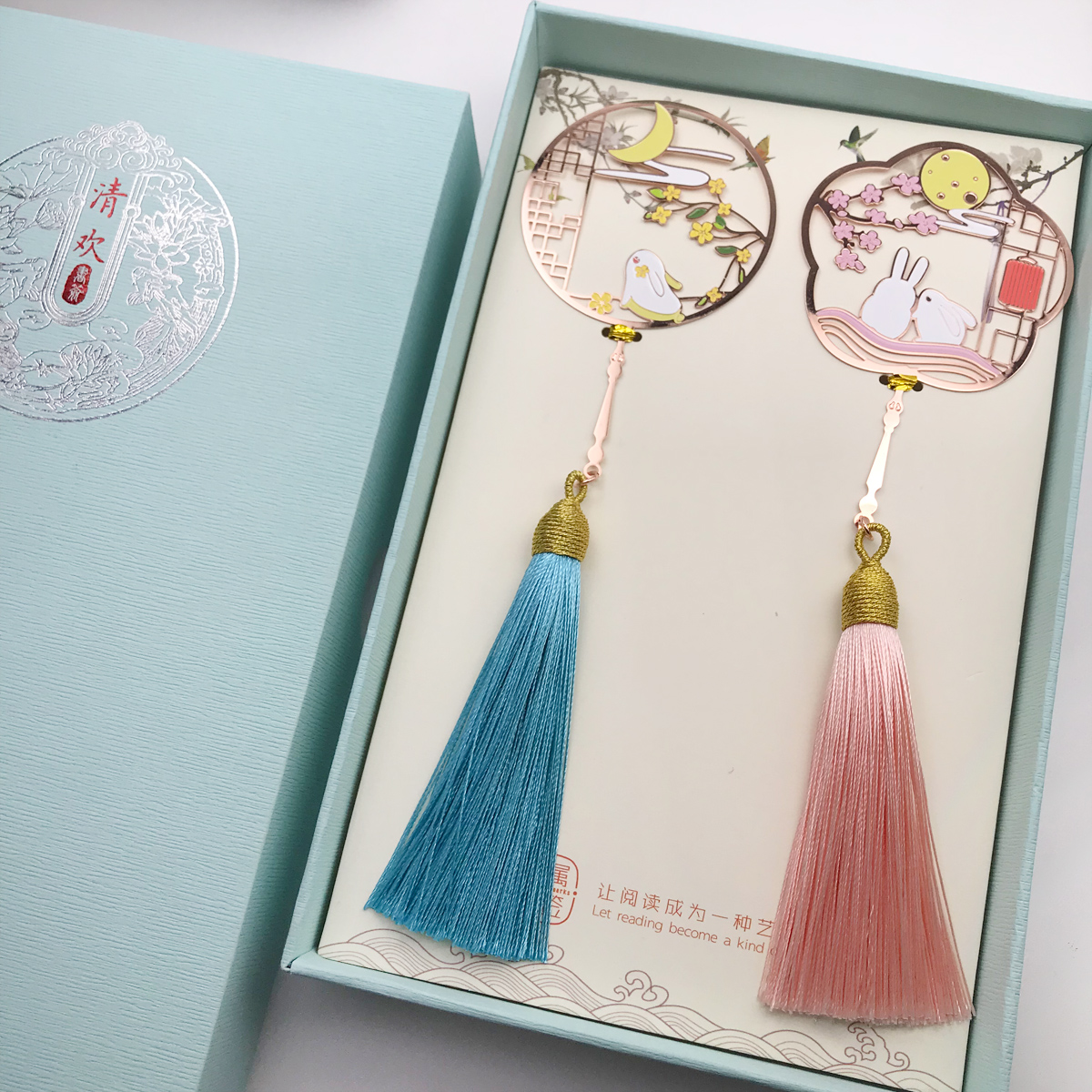 月亮兔子玫瑰金属文艺新年书签