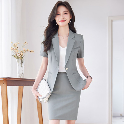 高端灰色西装套装女夏季薄款前台酒店经理工作服职业短袖西服套裙