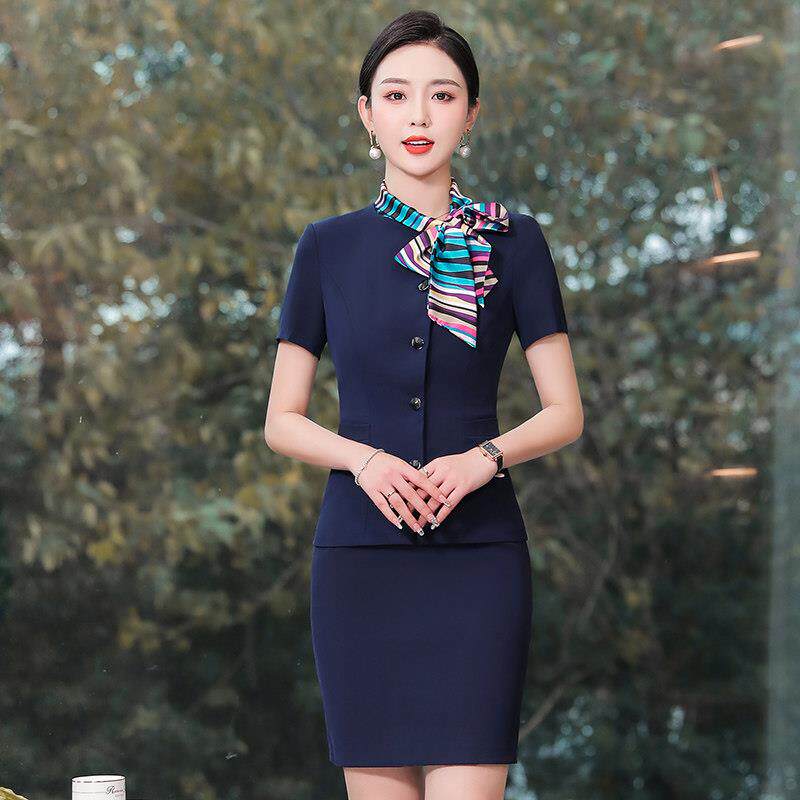职业装女装蝴蝶结丝巾领西装套装短袖春秋款空姐制服军鼓队演出服