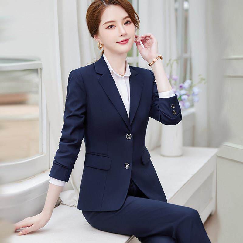 职业西装套装女正装春秋新款女装西服长袖藏青工装酒店经理工作服