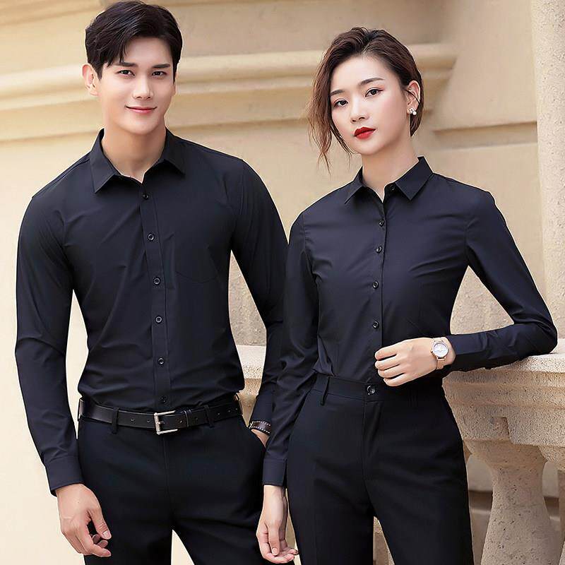 黑色衬衫男长袖职业装免烫商务正装酒吧服务员工作服套装衬衣工装