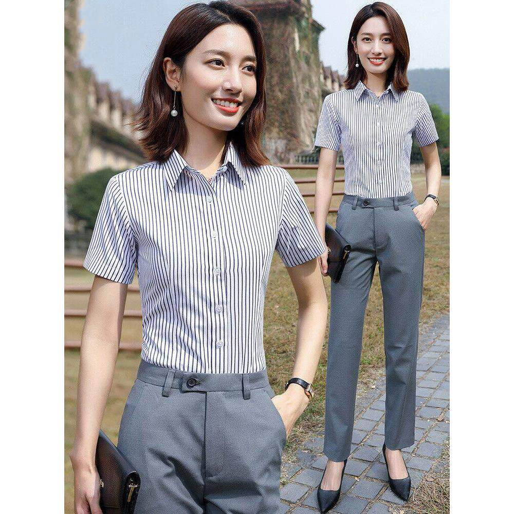 职业装条纹衬衫女短袖工作服夏季高端气质工装银行销售正装ol衬衣