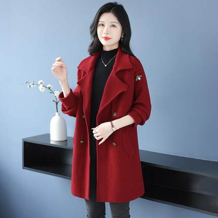 秋冬季系带西装领时尚宽松韩版显瘦呢子外套中长款女双面羊绒大衣