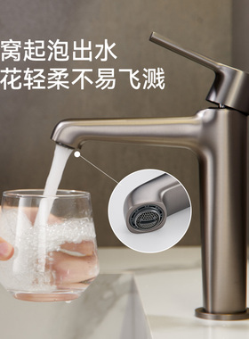 LANCE极简拉丝枪灰色台盆龙头冷热双控蜂窝起泡出水轻柔不易飞溅