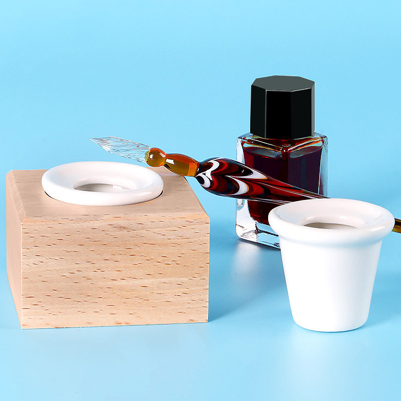 用空瓶圆形陶瓷瓶钢笔彩墨绘画书写羽毛笔沾水笔试色墨水瓶子带木托