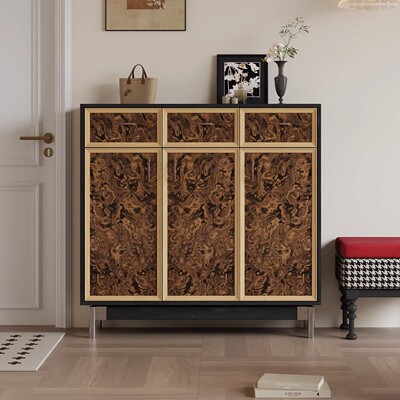 法式复古实木黛影鞋柜收纳柜一体靠墙中古风家用门口入户玄关柜子