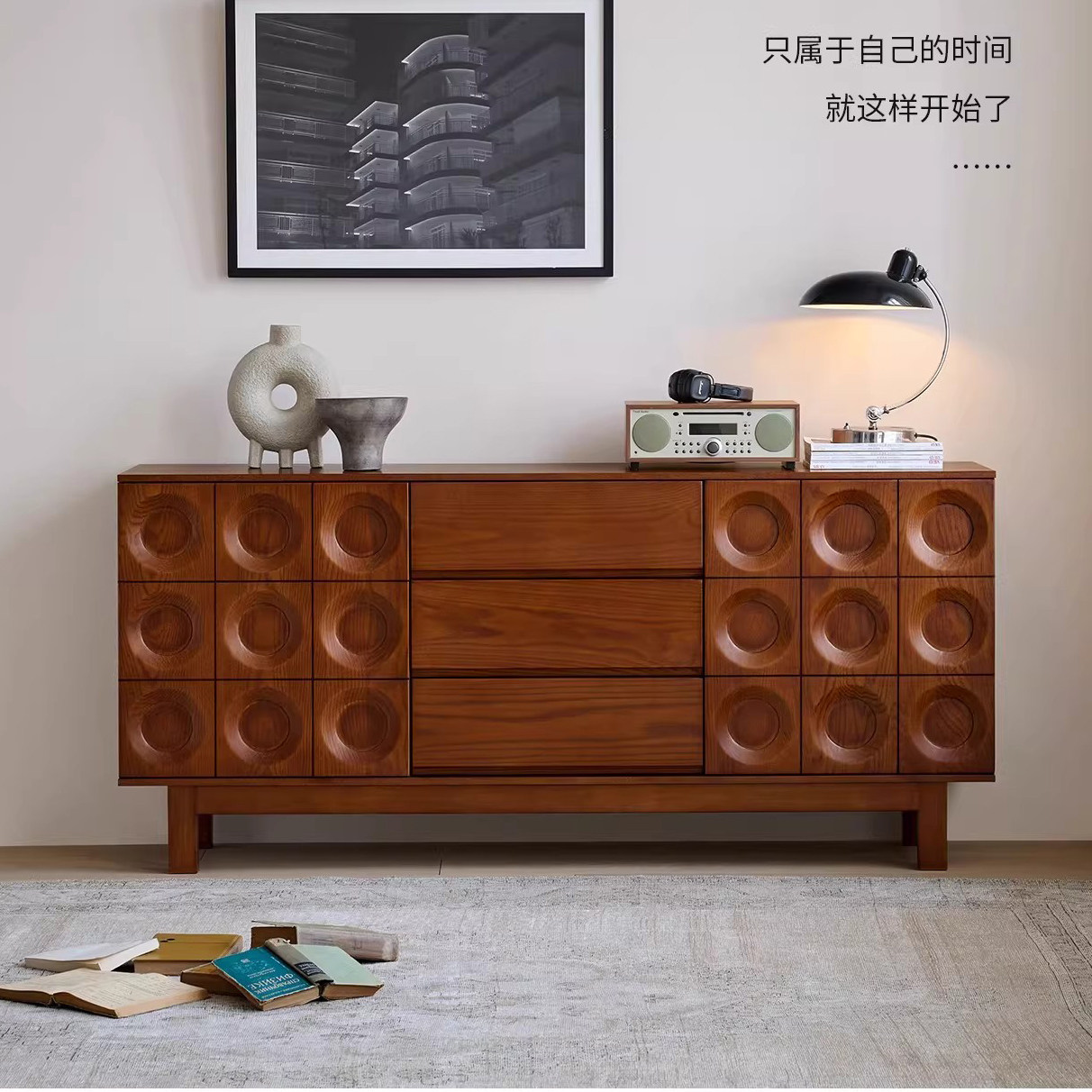 中古风全实木餐边柜家用客厅复古靠墙储物柜复古白蜡木收纳斗柜