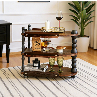 中古风白蜡木可移动小推车法式复古风客厅小户型置物收纳实木边几