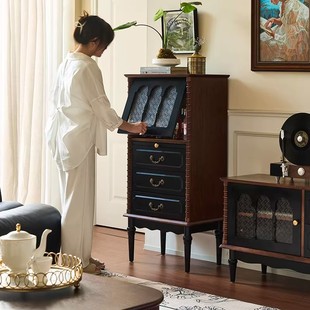 法式 复古实木边柜小户型家用轻奢抽屉三斗柜客厅玻璃展示柜餐边柜