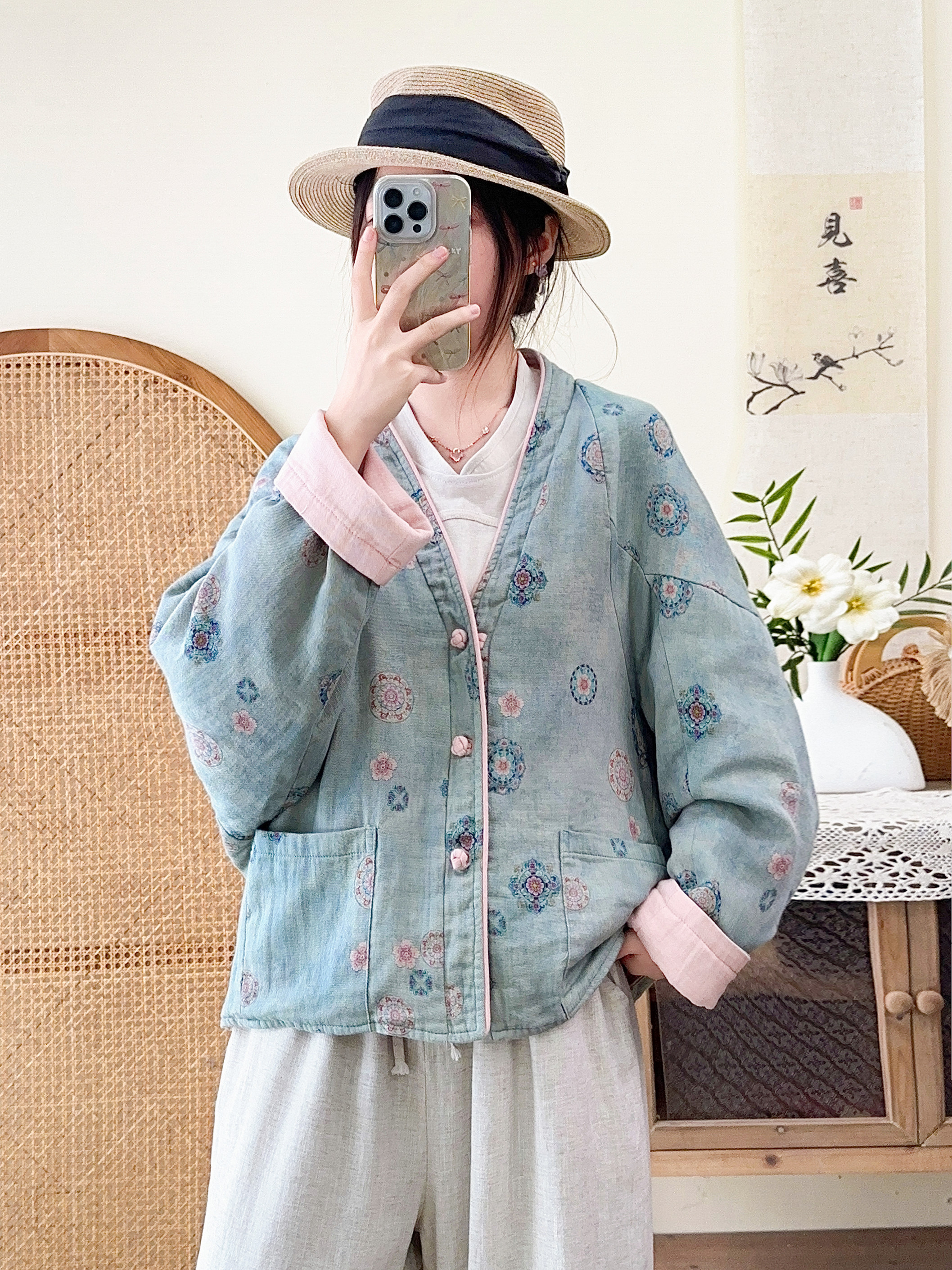 棉麻原创设计双面穿外套100印花斜纹棉双层加厚不加棉汉服岚写家