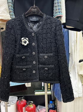 小香风外套女加厚黑色粗花呢亮丝流苏多口袋2025新款冬季羽绒上衣