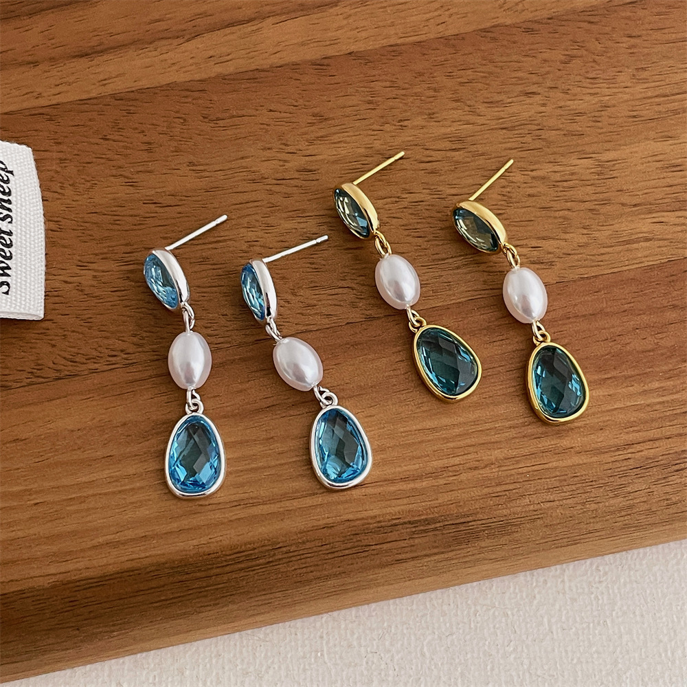 小众设计感蓝色水晶珍珠吊坠耳环女时尚轻奢高级感百搭耳钉耳饰品