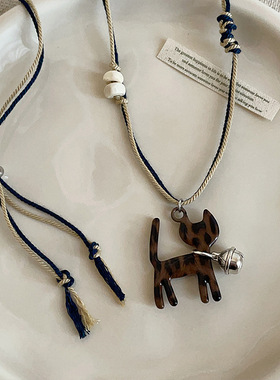 豹纹铃铛猫咪抽拉编绳项链女韩系ins简约个性可爱时尚颈链毛衣链