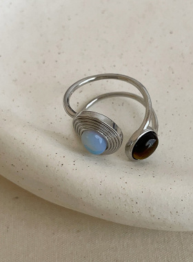 设计感虎眼石几何双层金属戒指女个性独特小众时尚潮流指环戒子