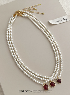 复古简约安可拉红几何爱心项链女