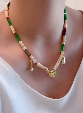 多巴胺彩色天然石串珠小鸟项链女简约潮流气质时尚百搭颈链锁骨链