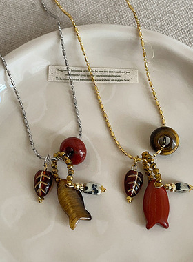 天然石小鱼树叶吊坠项链女复古个性独特时尚潮流气质颈链毛衣链