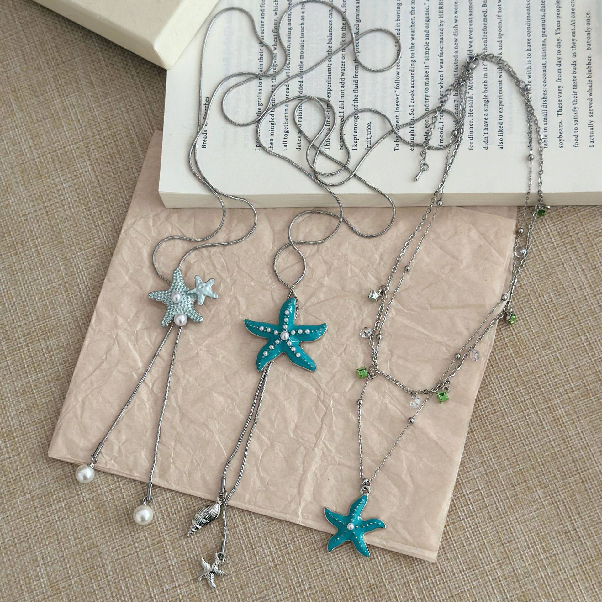 蓝色海星珍珠长款抽拉式锁骨链女夏日海边度假风甜美气质百搭项链