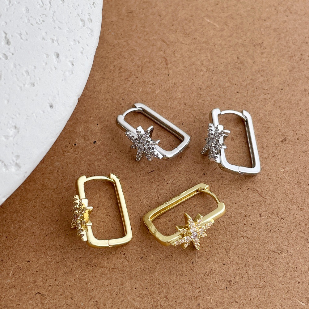 几何微镶锆石六芒星方形耳环女时尚轻奢高级感小众个性耳扣耳饰品