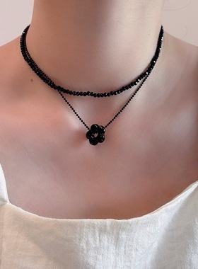 时尚个性黑色花朵双层项链颈链choker锁骨链高级感轻奢小众配饰品