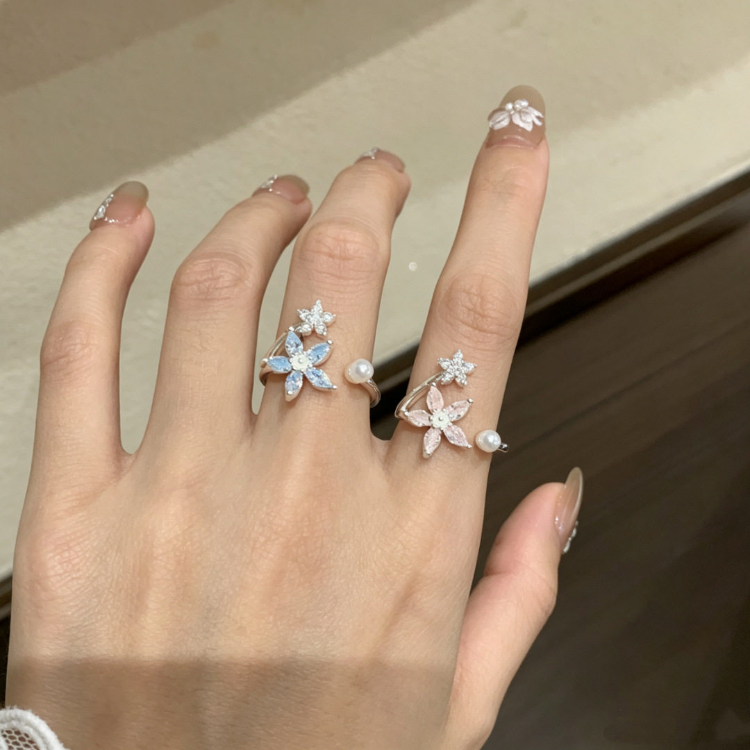 韩系小清新花朵珍珠锆石戒指女小众设计高级感食指戒独特叠戴指环
