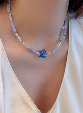 海洋蓝色花朵拼接串珠项链女气质