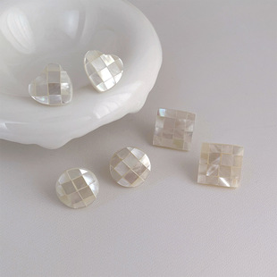 日韩通勤白贝母耳钉复古白色拼接方形圆形桃心气质极简耳环耳饰品