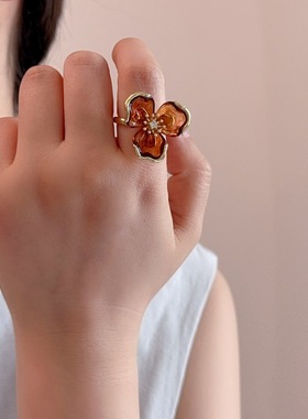 焦糖琥珀色树脂花朵戒指女时尚轻
