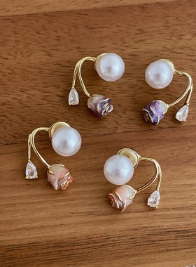 夏日紫色玫瑰花珍珠锆石耳钉前后戴小众轻奢个性时尚百搭耳环耳饰