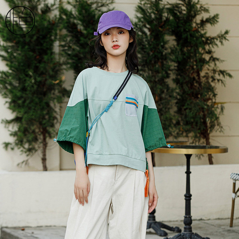 非鱼双色拼接套头七分袖T恤女