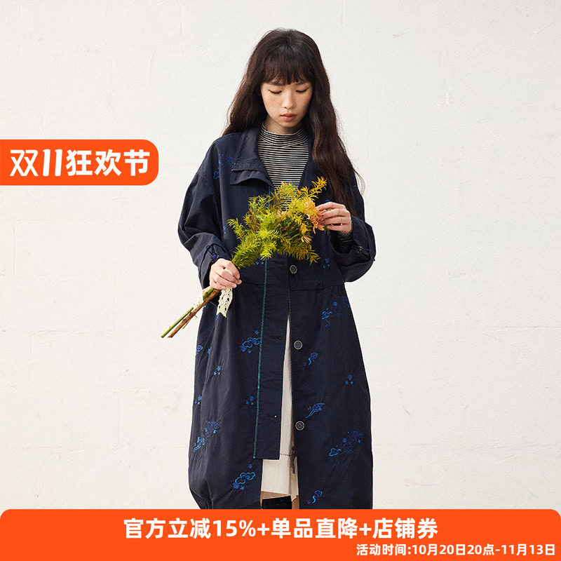 非鱼25春季藏蓝色风衣女秋季新款中长款外套刺绣休闲女装外套