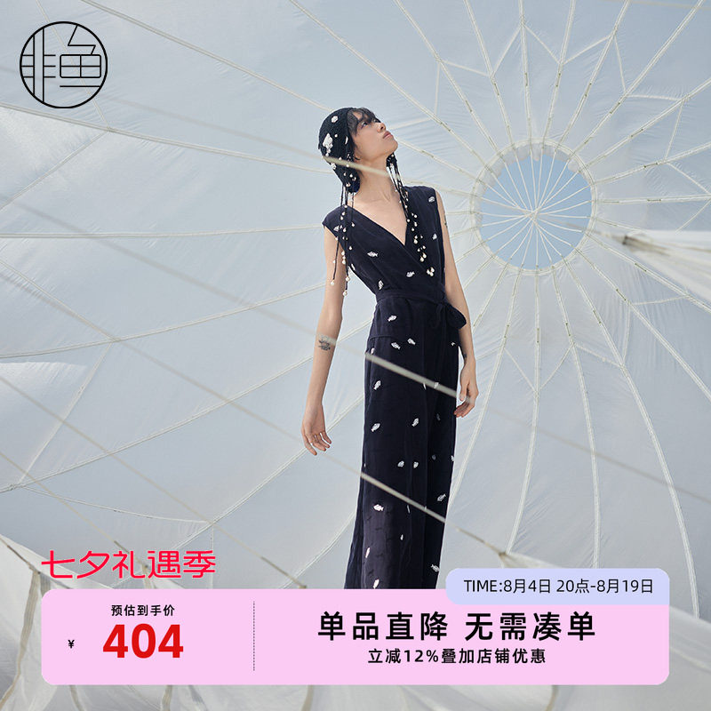 非鱼夏季V领气质连体裤修身显瘦无袖连体裤子文艺刺绣裤