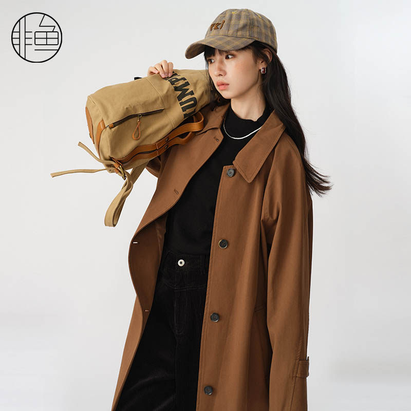 非鱼美拉德中长风衣2024秋季新品简约通勤翻领女风衣文艺复古外套