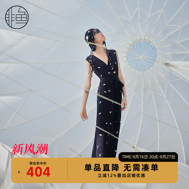 非鱼夏季V领气质连体裤修身显瘦无袖连体裤子文艺刺绣裤