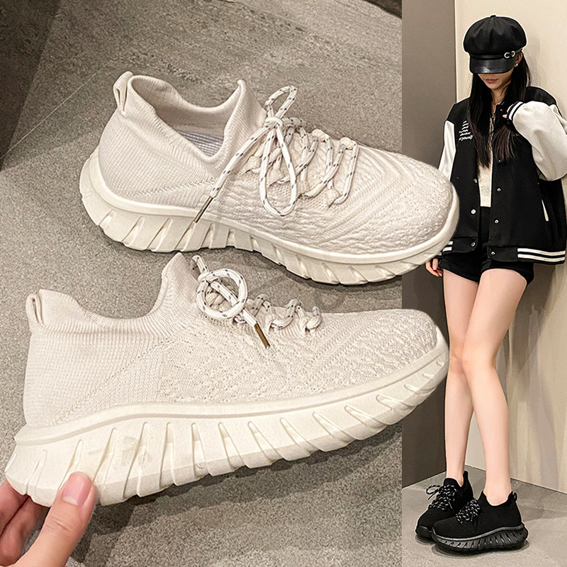 春季新款大码女鞋纯色百搭休闲鞋软底轻便运动鞋透气飞织鞋跑步鞋